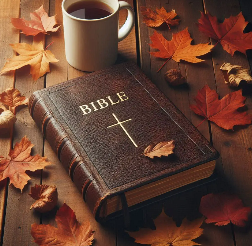 Bible with autumn leaves and a mug of tea on a wooden table