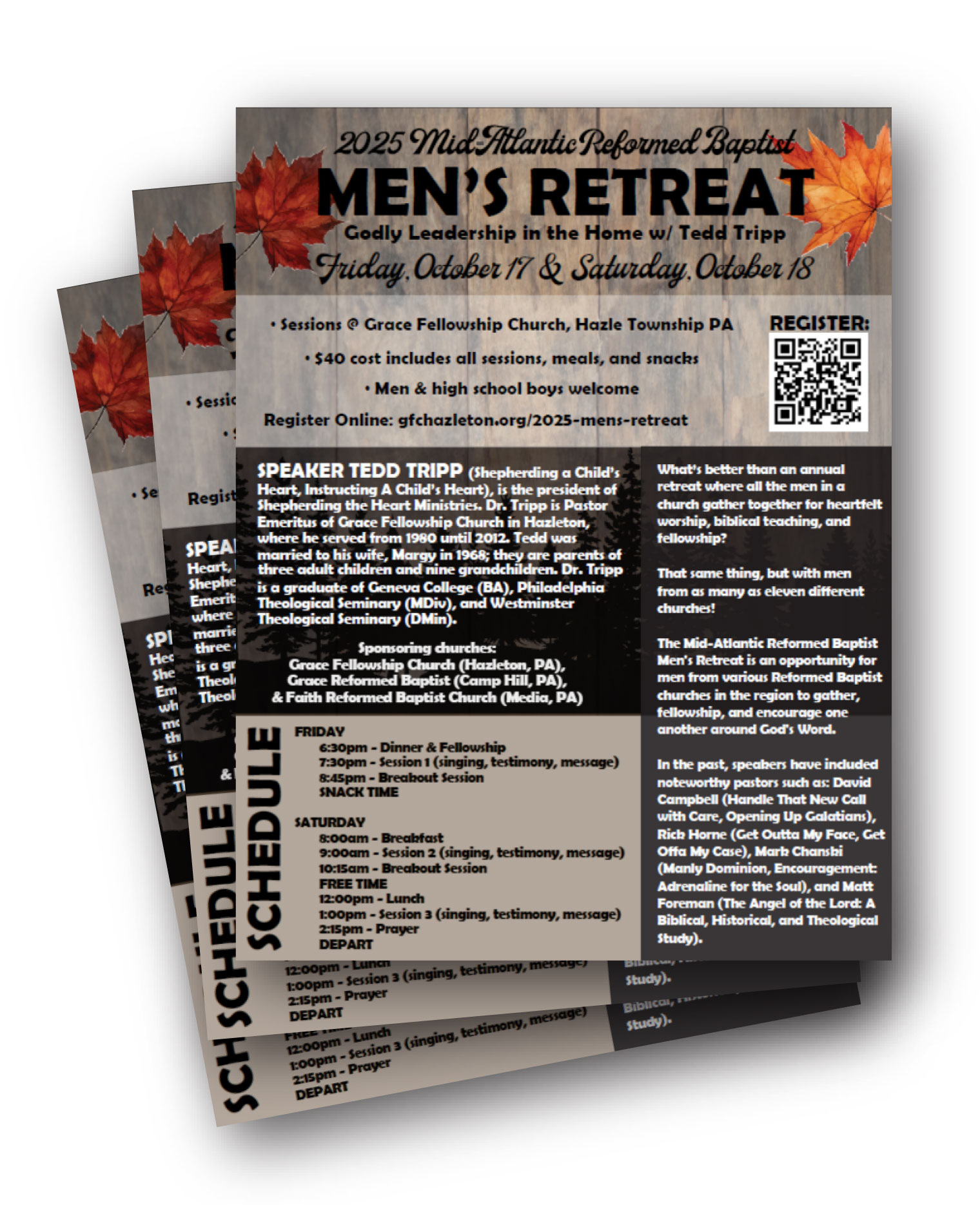 Stack of 3 informational fliers about the 2025 GFC men's retreat